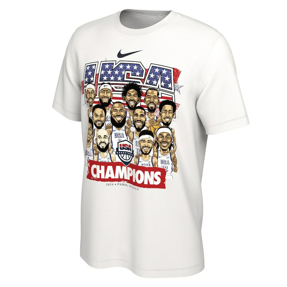USA Men's Basketball Unisex 2024 Summer Olympics Gold Medal Team Caricature T-Shirt White - NBA