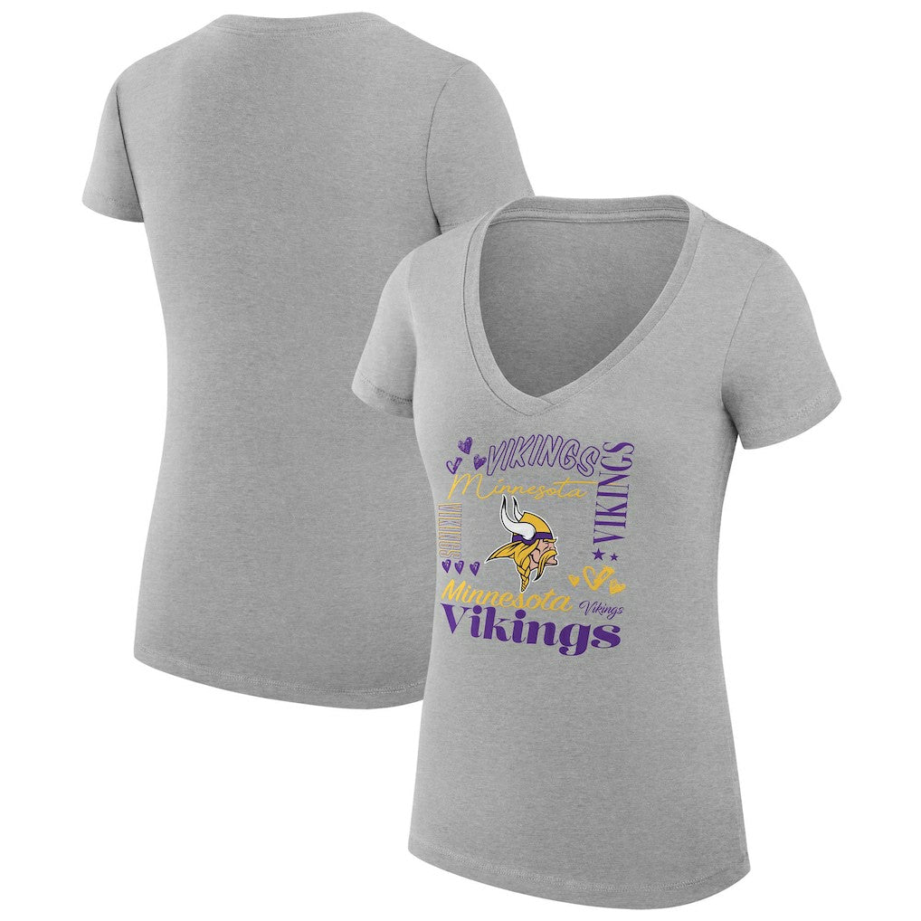 Minnesota Vikings G-III 4Her by Carl Banks Women's Super-Slim Fit Lightweight Collage Team V-Neck T-Shirt Heather Gray | NFL