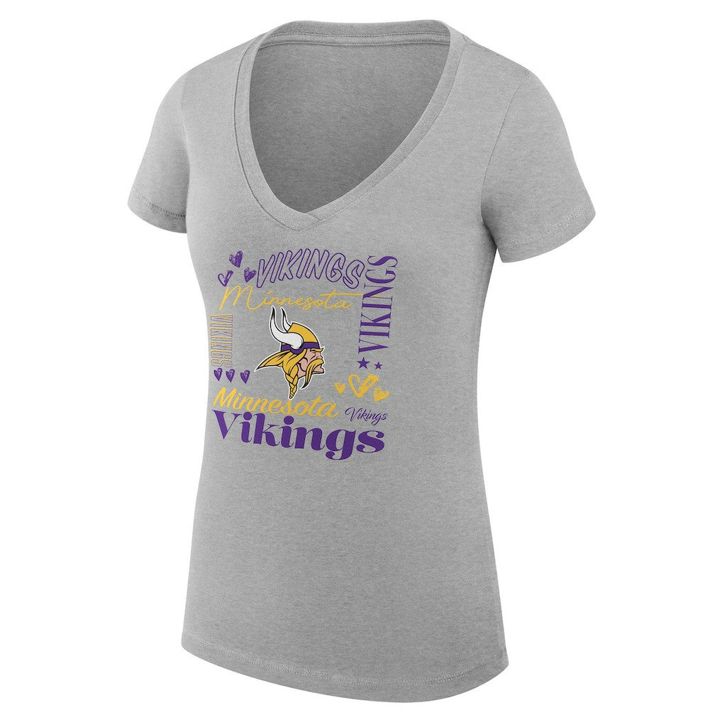 Minnesota Vikings G-III 4Her by Carl Banks Women's Super-Slim Fit Lightweight Collage Team V-Neck T-Shirt Heather Gray | NFL