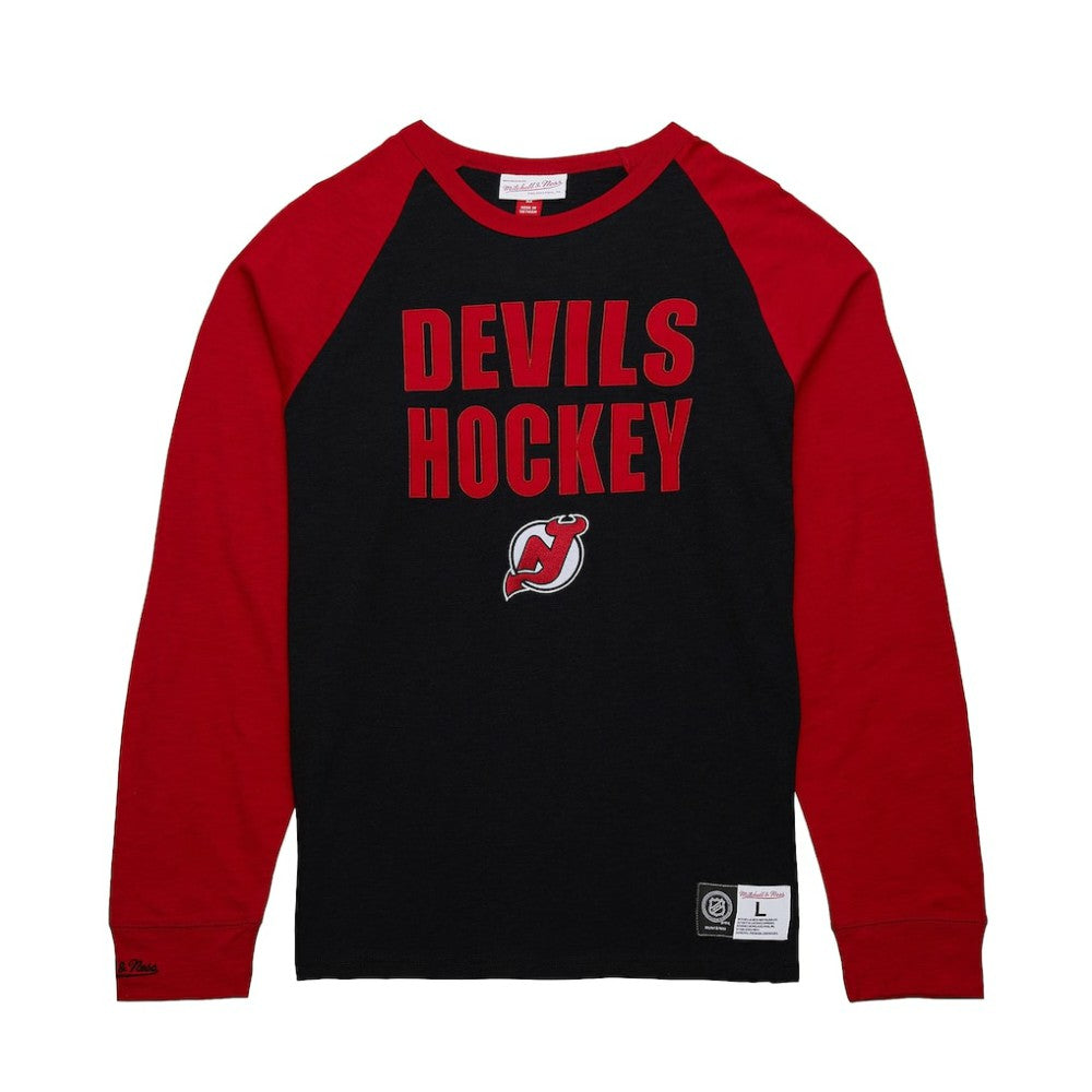 New Jersey Devils Mitchell & Ness Legendary Slub Raglan Long Sleeve T-Shirt - Black/Red - NHL