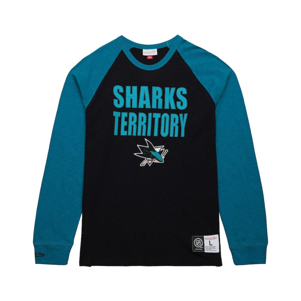 San Jose Sharks Mitchell & Ness Legendary Slub Raglan Long Sleeve T-Shirt - Black/Teal - NHL