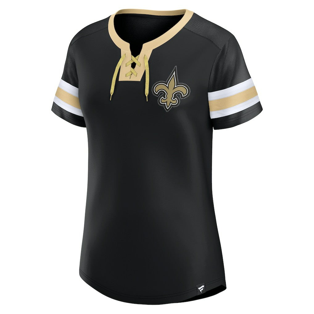 New Orleans Saints Women's Bling Athena Jersey Style Lace-up T-Shirt Black | Fanatics