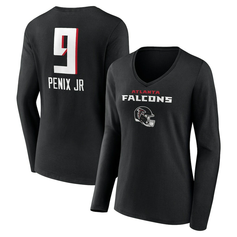 Michael Penix Jr. Atlanta Falcons Women's Name & Number Team Wordmark Long Sleeve V-Neck T-Shirt Black | NFL