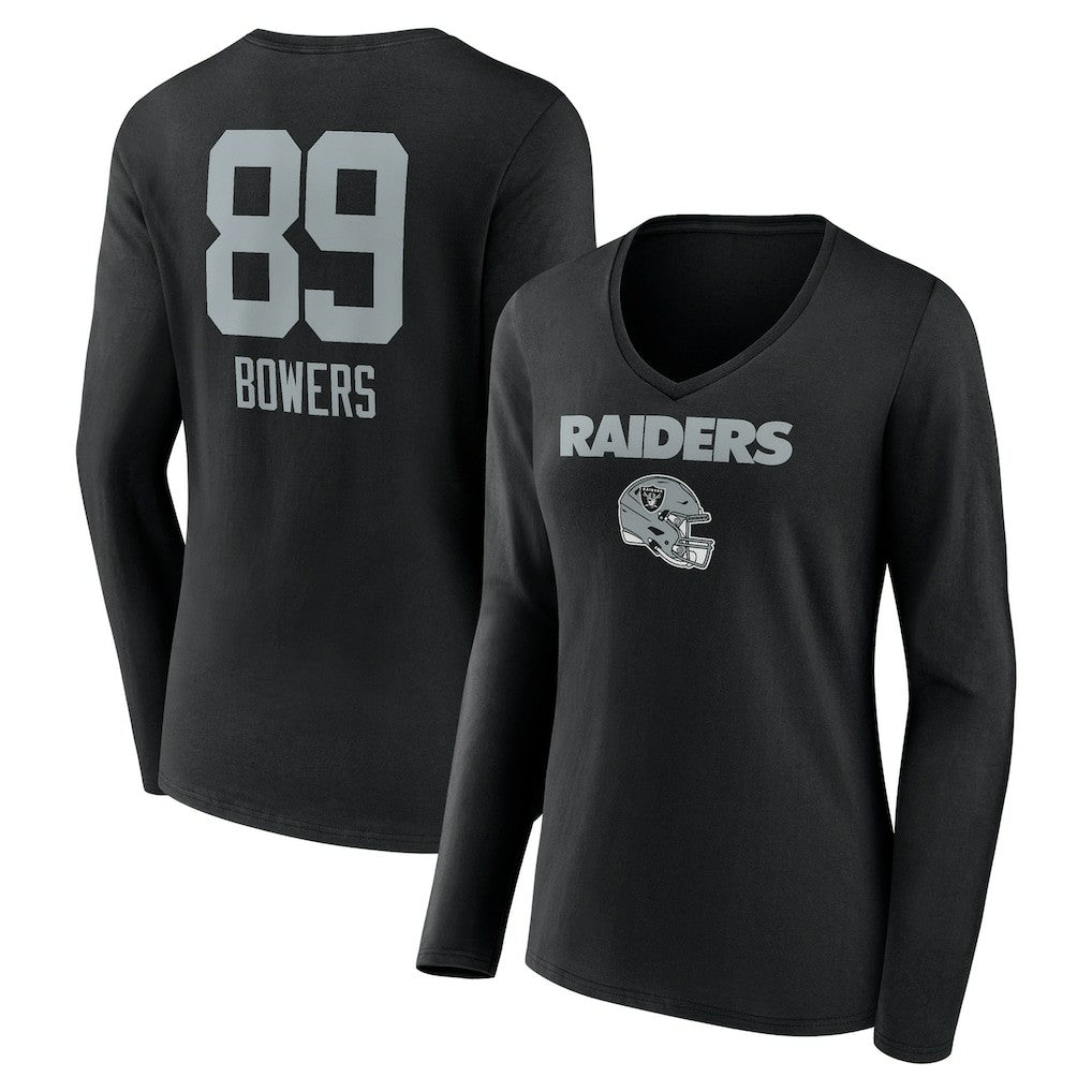 Brock Bowers Las Vegas Raiders Women's Name & Number Team Wordmark Long Sleeve V-Neck T-Shirt Black | NFL