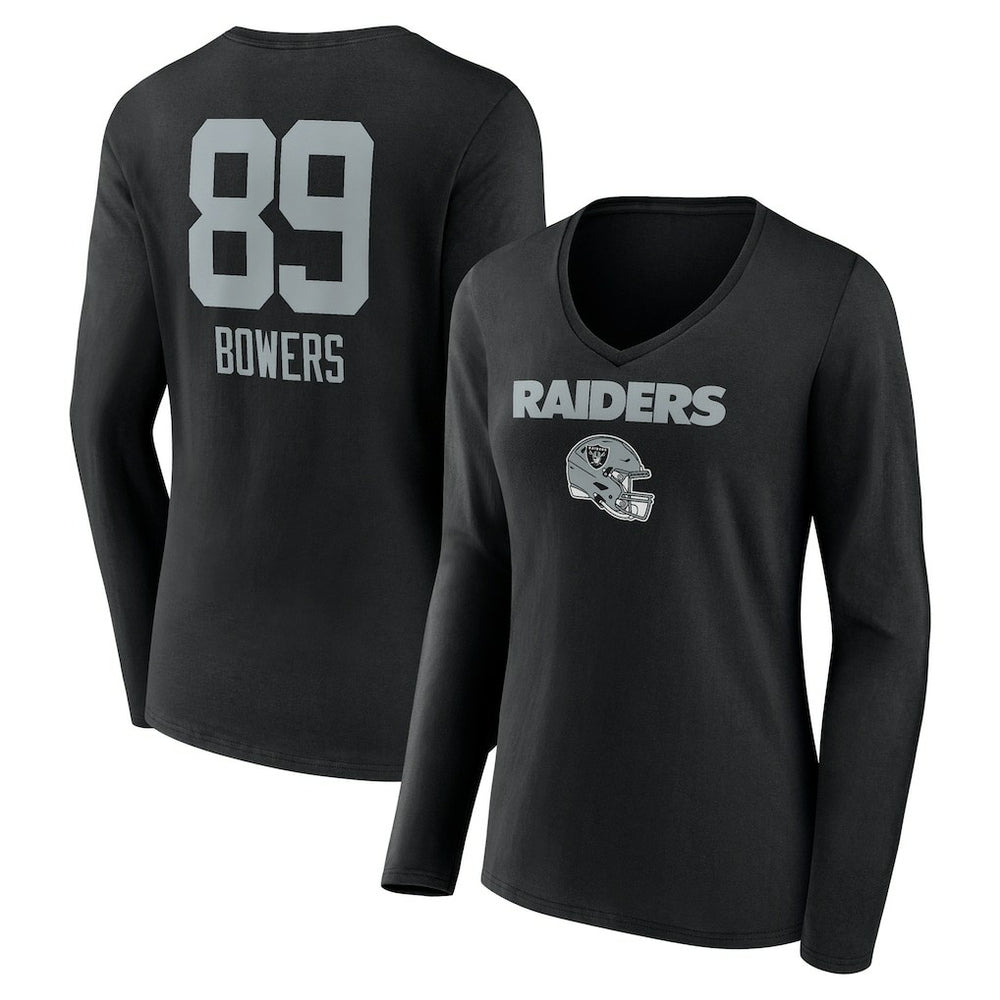 Brock Bowers Las Vegas Raiders Women's Name & Number Team Wordmark Long Sleeve V-Neck T-Shirt Black | NFL