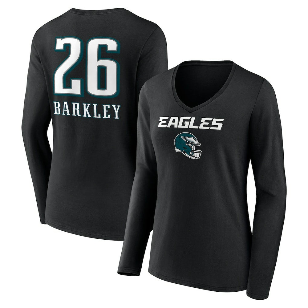 Saquon Barkley Philadelphia Eagles Women's Name & Number Team Wordmark Long Sleeve V-Neck T-Shirt Black | NFL