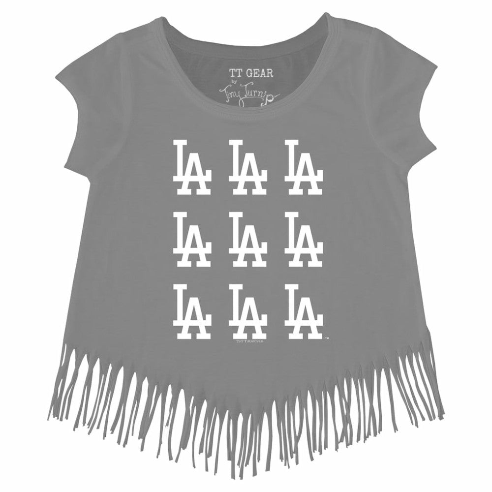 Los Angeles Dodgers Tiny Turnip Girls Youth Logo Grid Fringe T-Shirt - MLB