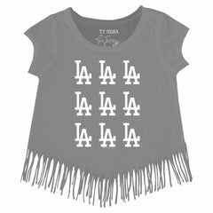 Los Angeles Dodgers Tiny Turnip Girls Youth Logo Grid Fringe T-Shirt - MLB