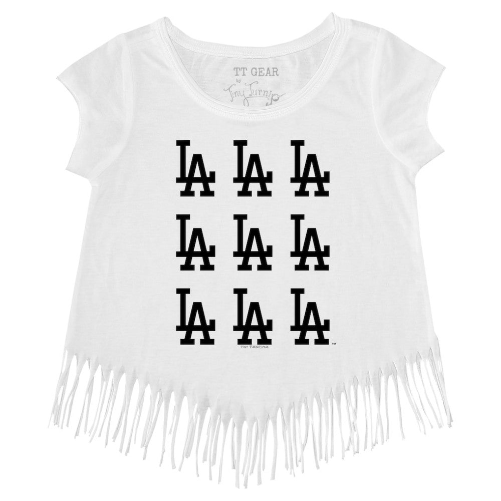 Los Angeles Dodgers Tiny Turnip Girls Youth Logo Grid Fringe T-Shirt - MLB