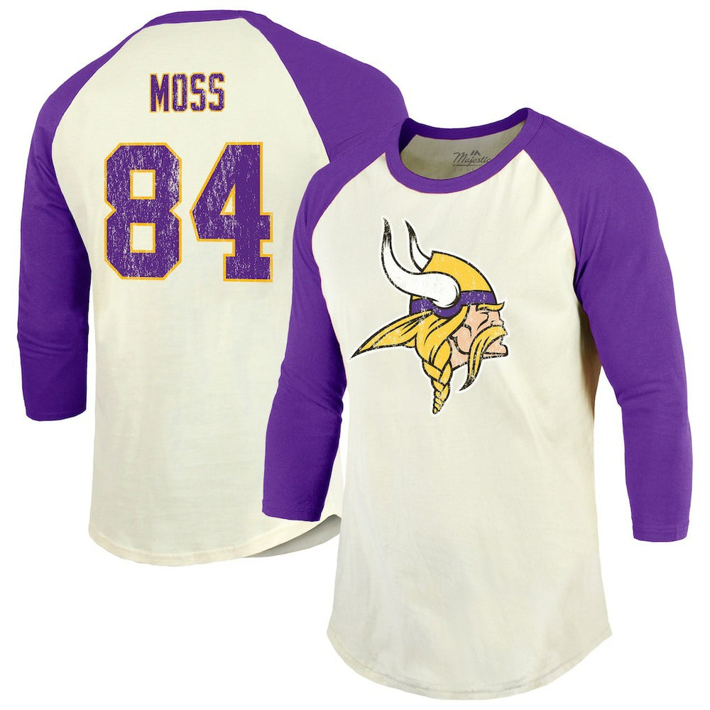 Randy Moss Minnesota Vikings Majestic Threads Retired Player Name & Number 3/4 Raglan Sleeve T-Shirt  Cream/Purple | NFL