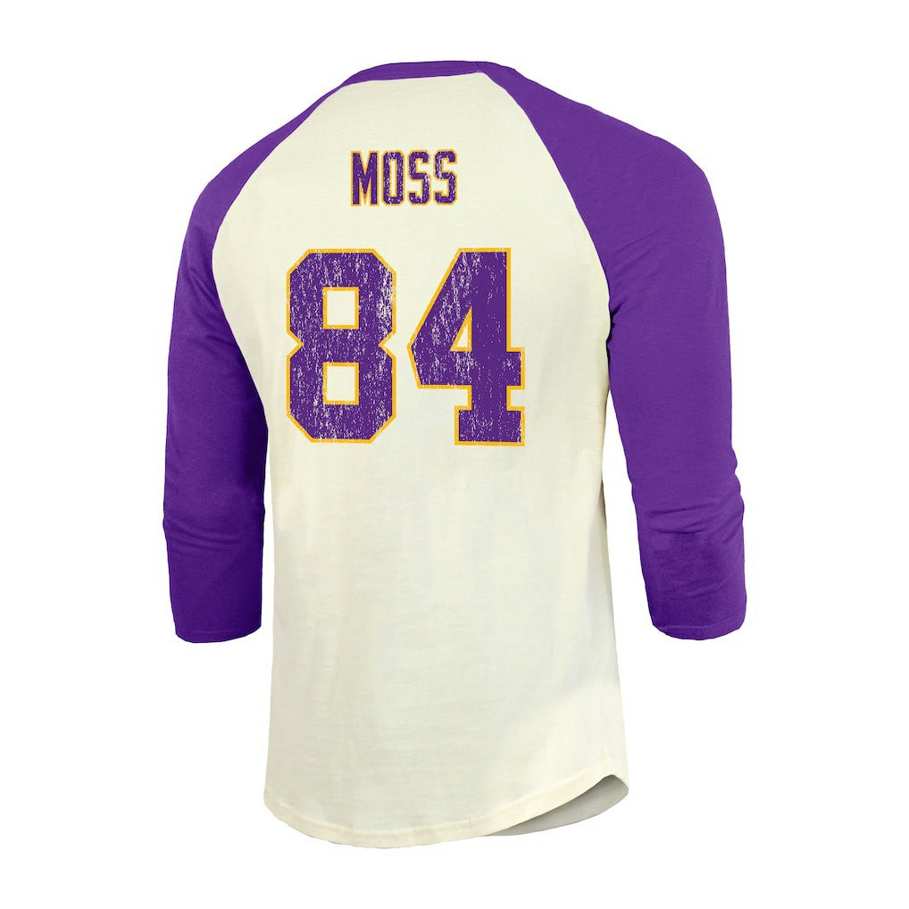Randy Moss Minnesota Vikings Majestic Threads Retired Player Name & Number 3/4 Raglan Sleeve T-Shirt  Cream/Purple | NFL