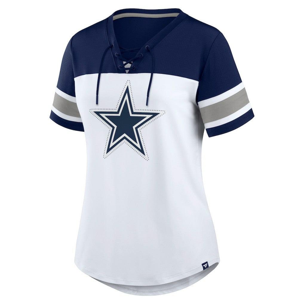 Dallas Cowboys Women's Athena Rhinestone Lace-Up V-Neck T-Shirt White/Navy | Fanatics