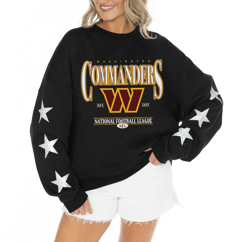 Washington Commanders Gameday Couture Women's Rhinestone Star Sleeve Settle the Score Oversized Tri-Blend Pullover Black | NFL