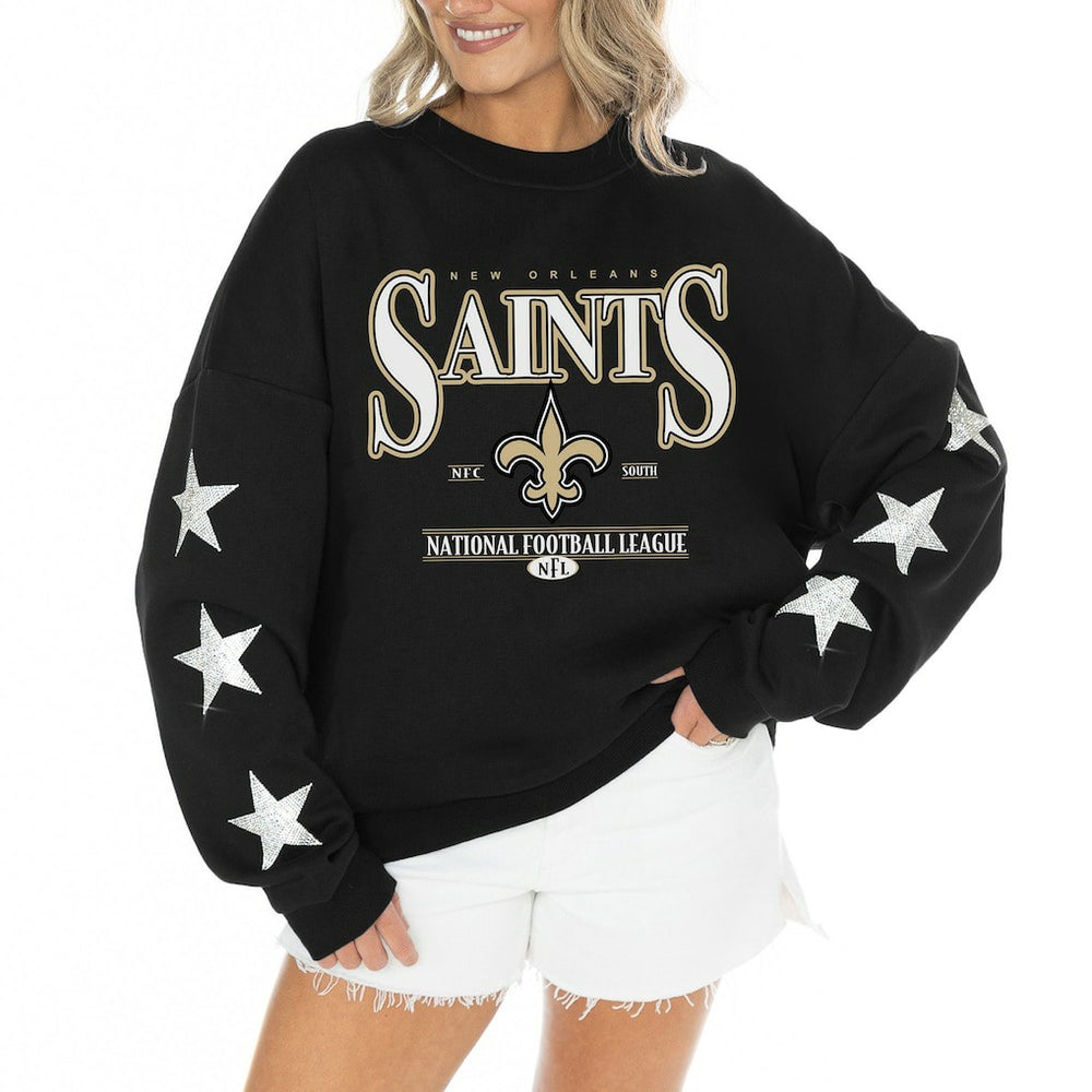 New Orleans Saints Gameday Couture Women's Rhinestone Star Sleeve Settle the Score Oversized Tri-Blend Pullover Black | NFL