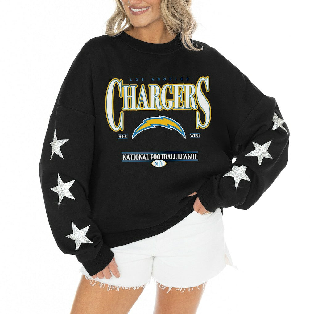 Los Angeles Chargers Gameday Couture Women's Rhinestone Star Sleeve Settle the Score Oversized Tri-Blend Pullover Black | NFL