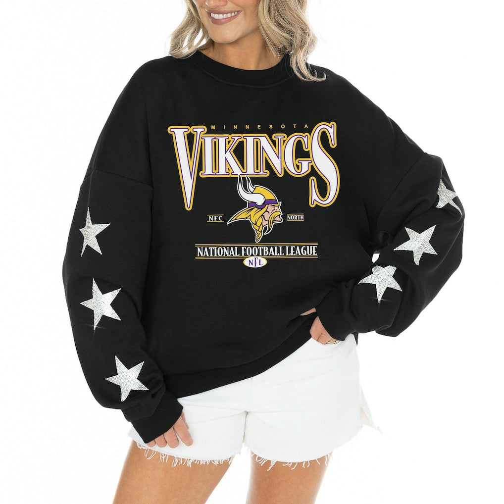 Minnesota Vikings Gameday Couture Women's Rhinestone Star Sleeve Settle the Score Oversized Tri-Blend Pullover Black | NFL
