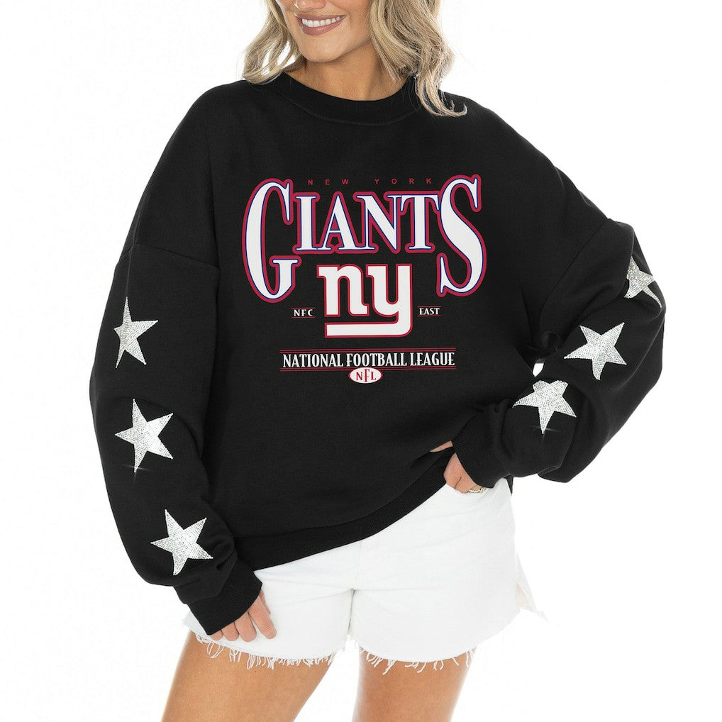 New York Giants Gameday Couture Women's Rhinestone Star Sleeve Settle the Score Oversized Tri-Blend Pullover Black | NFL