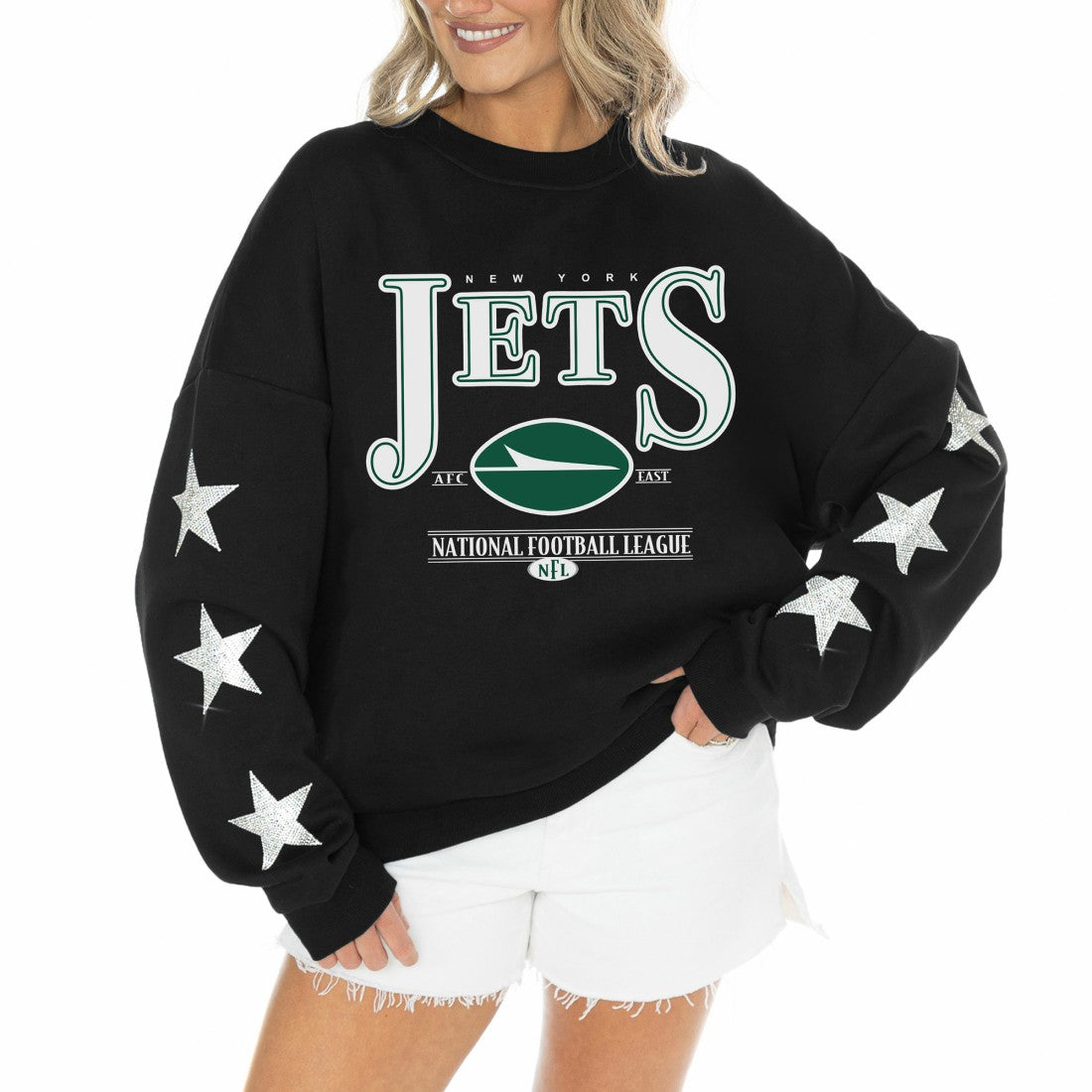 New York Jets Gameday Couture Women's Rhinestone Star Sleeve Settle the Score Oversized Tri-Blend Pullover Black | NFL