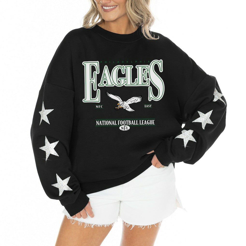Philadelphia Eagles Gameday Couture Women's Rhinestone Star Sleeve Settle the Score Oversized Tri-Blend Pullover Black | NFL
