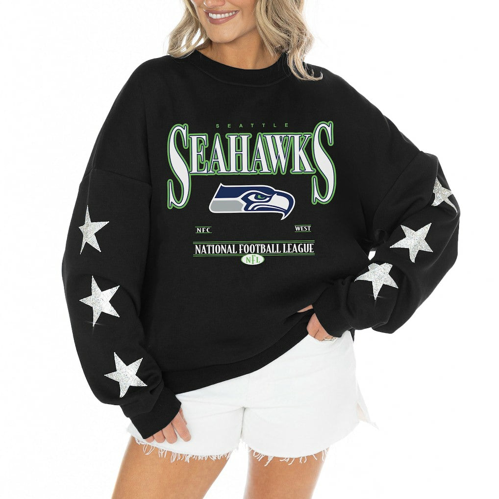 Seattle Seahawks Gameday Couture Women's Rhinestone Star Sleeve Settle the Score Oversized Tri-Blend Pullover Black | NFL