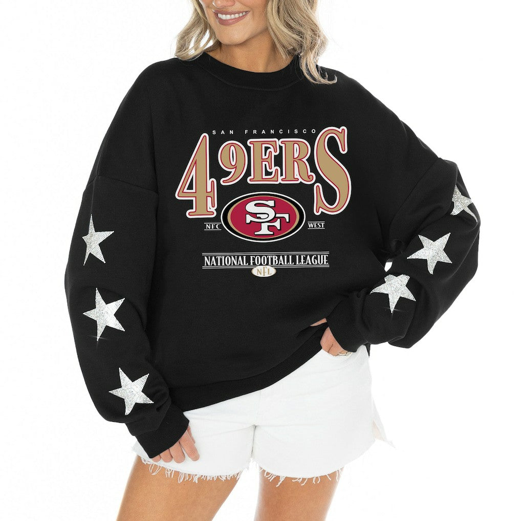 San Francisco 49ers Gameday Couture Women's Rhinestone Star Sleeve Settle the Score Oversized Tri-Blend Pullover Black | NFL