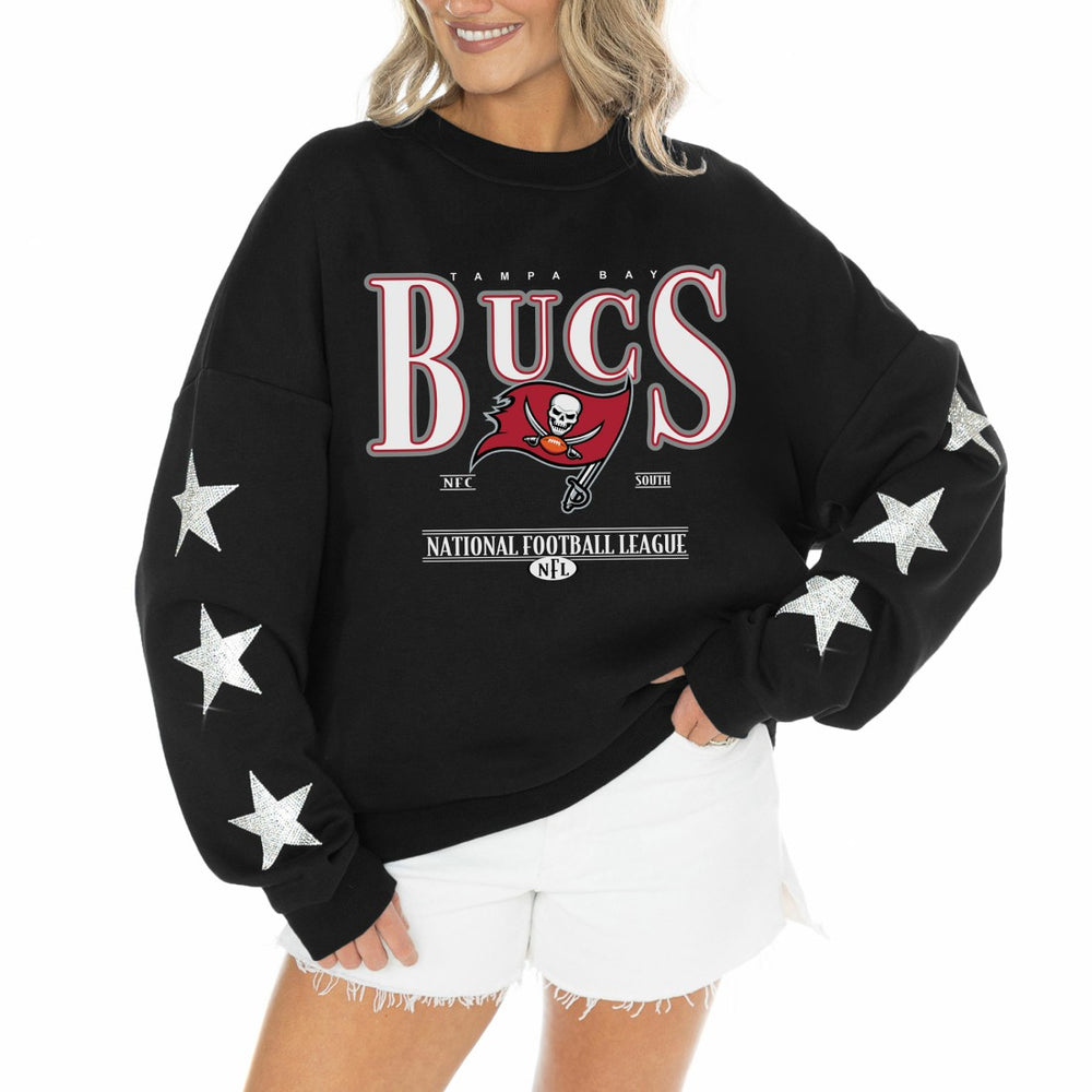 Tampa Bay Buccaneers Gameday Couture Women's Rhinestone Star Sleeve Settle the Score Oversized Tri-Blend Pullover Black | NFL