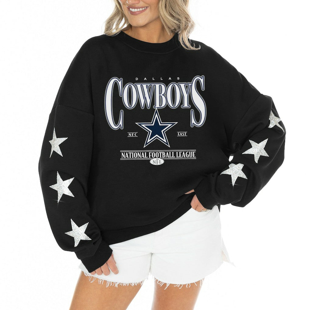 Dallas Cowboys Gameday Couture Women's Rhinestone Star Sleeve Settle the Score Oversized Tri-Blend Pullover Black | NFL