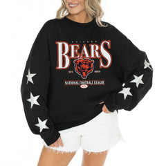 Chicago Bears Gameday Couture Women's Rhinestone Star Sleeve Settle the Score Oversized Tri-Blend Pullover Black | NFL