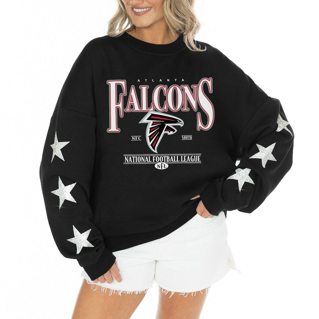 Atlanta Falcons Gameday Couture Women's Rhinestone Star Sleeve Settle the Score Oversized Tri-Blend Pullover Black | NFL