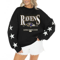 Baltimore Ravens Gameday Couture Women's Rhinestone Star Sleeve Settle the Score Oversized Tri-Blend Pullover Black | NFL