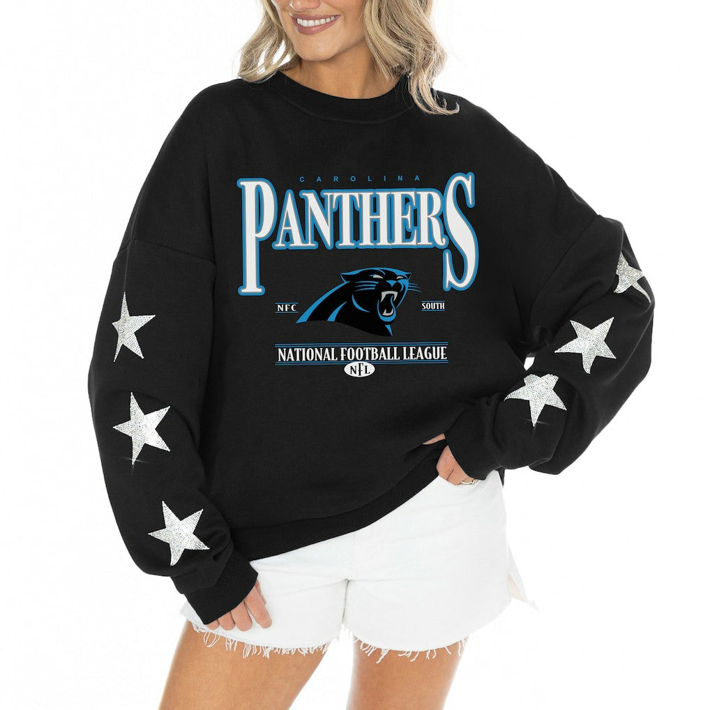 Carolina Panthers Gameday Couture Women's Rhinestone Star Sleeve Settle the Score Oversized Tri-Blend Pullover Black | NFL