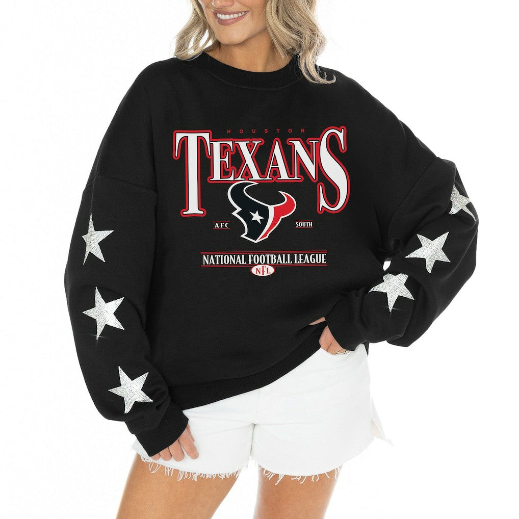 Houston Texans Gameday Couture Women's Rhinestone Star Sleeve Settle the Score Oversized Tri-Blend Pullover Black | NFL