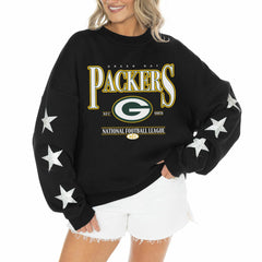 Green Bay Packers Gameday Couture Women's Rhinestone Star Sleeve Settle the Score Oversized Tri-Blend Pullover Black | NFL