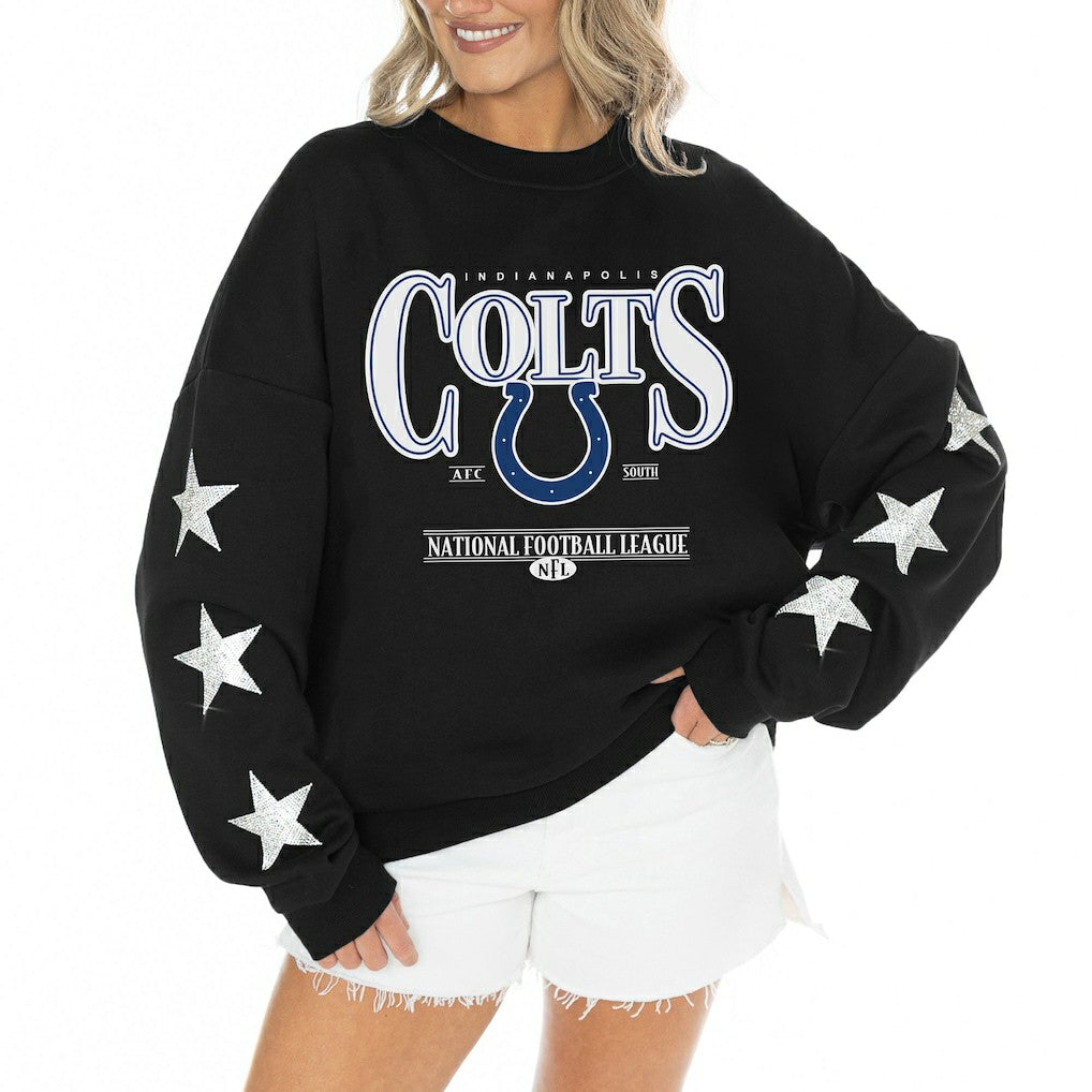 Indianapolis Colts Gameday Couture Women's Rhinestone Star Sleeve Settle the Score Oversized Tri-Blend Pullover Black | NFL