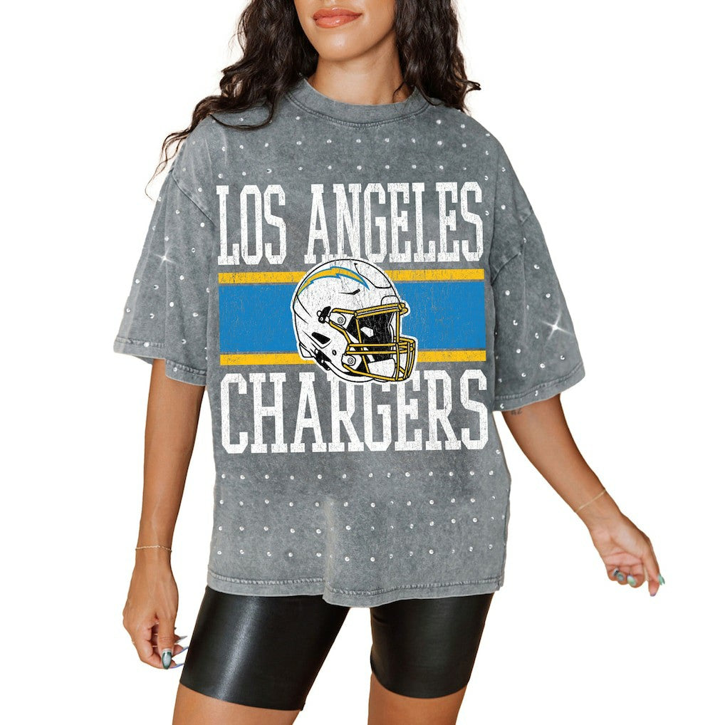 Los Angeles Chargers Gameday Couture Women's Oversized Mini Rhinestone Classic T-Shirt Gray | NFL