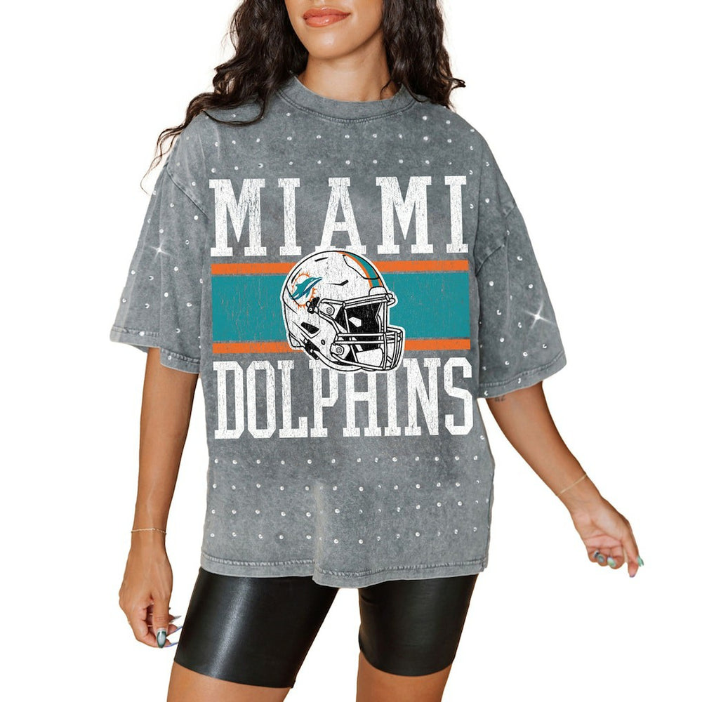 Miami Dolphins Gameday Couture Women's Oversized Mini Rhinestone Classic T-Shirt Gray | NFL
