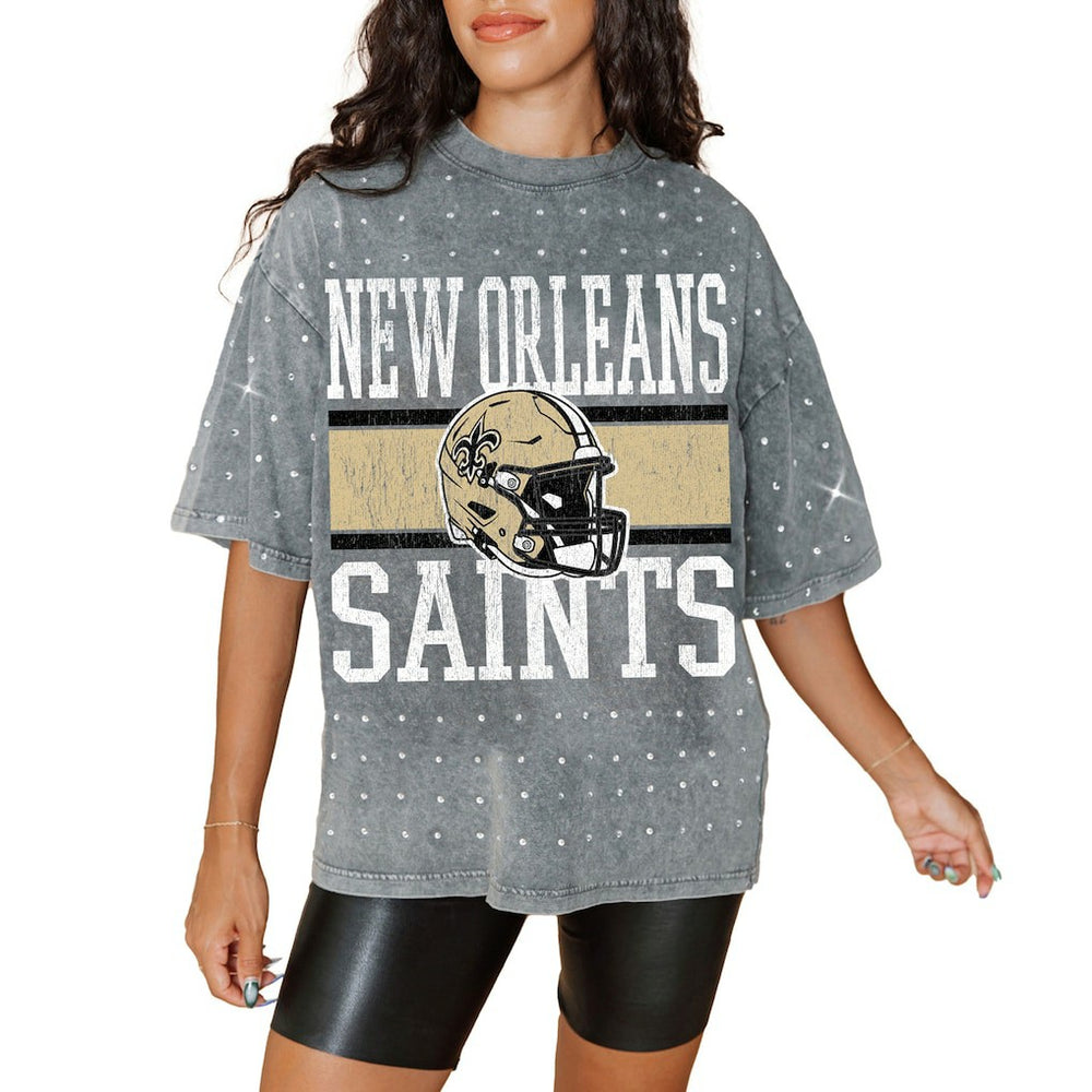 New Orleans Saints Gameday Couture Women's Oversized Mini Rhinestone Classic T-Shirt Gray | NFL