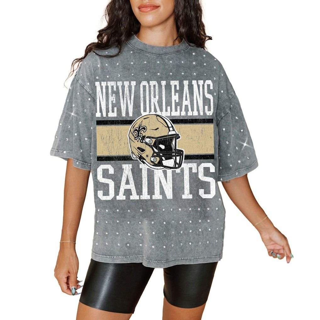 New Orleans Saints Gameday Couture Women's Oversized Mini Rhinestone Classic T-Shirt Gray | NFL