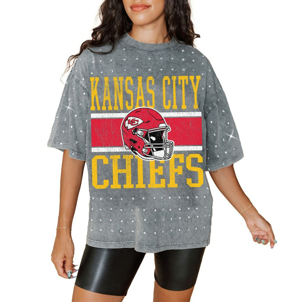 Kansas City Chiefs Gameday Couture Women's Oversized Mini Rhinestone Classic T-Shirt Gray | NFL