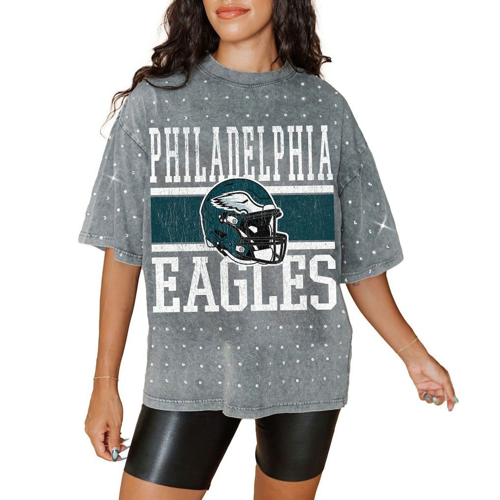Philadelphia Eagles Gameday Couture Women's Oversized Mini Rhinestone Classic T-Shirt Gray | NFL