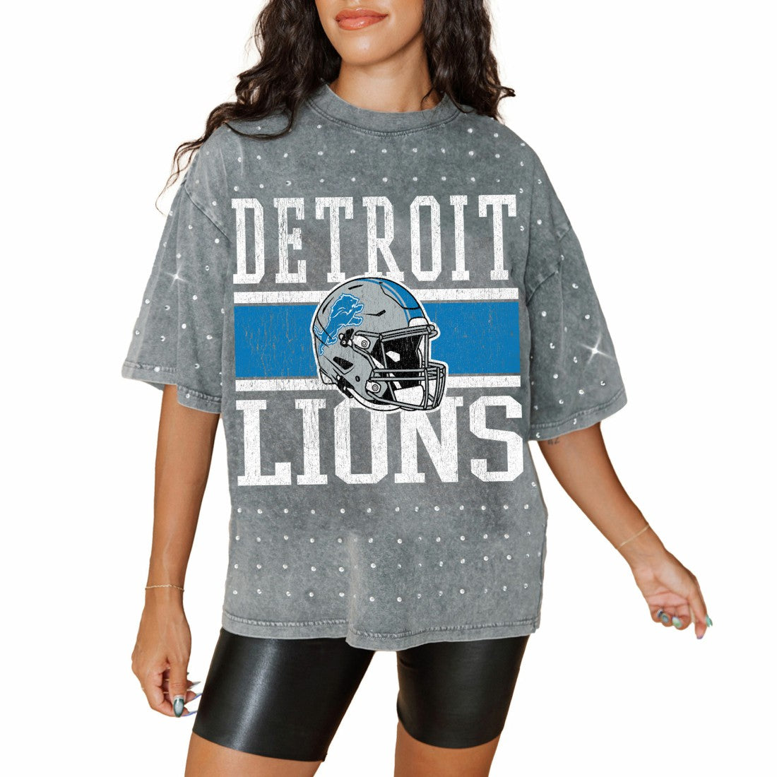 Detroit Lions Gameday Couture Women's Oversized Mini Rhinestone Classic T-Shirt Gray | NFL