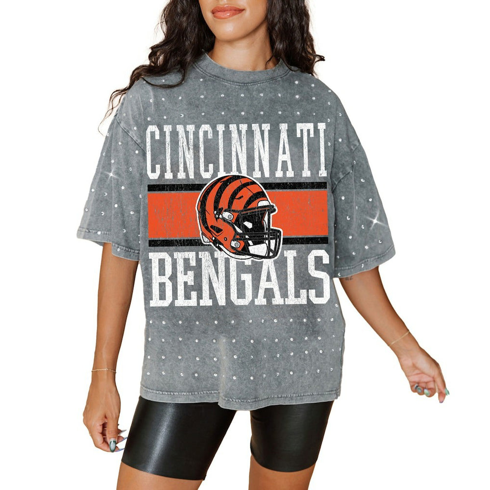 Cincinnati Bengals Gameday Couture Women's Oversized Mini Rhinestone Classic T-Shirt Gray | NFL