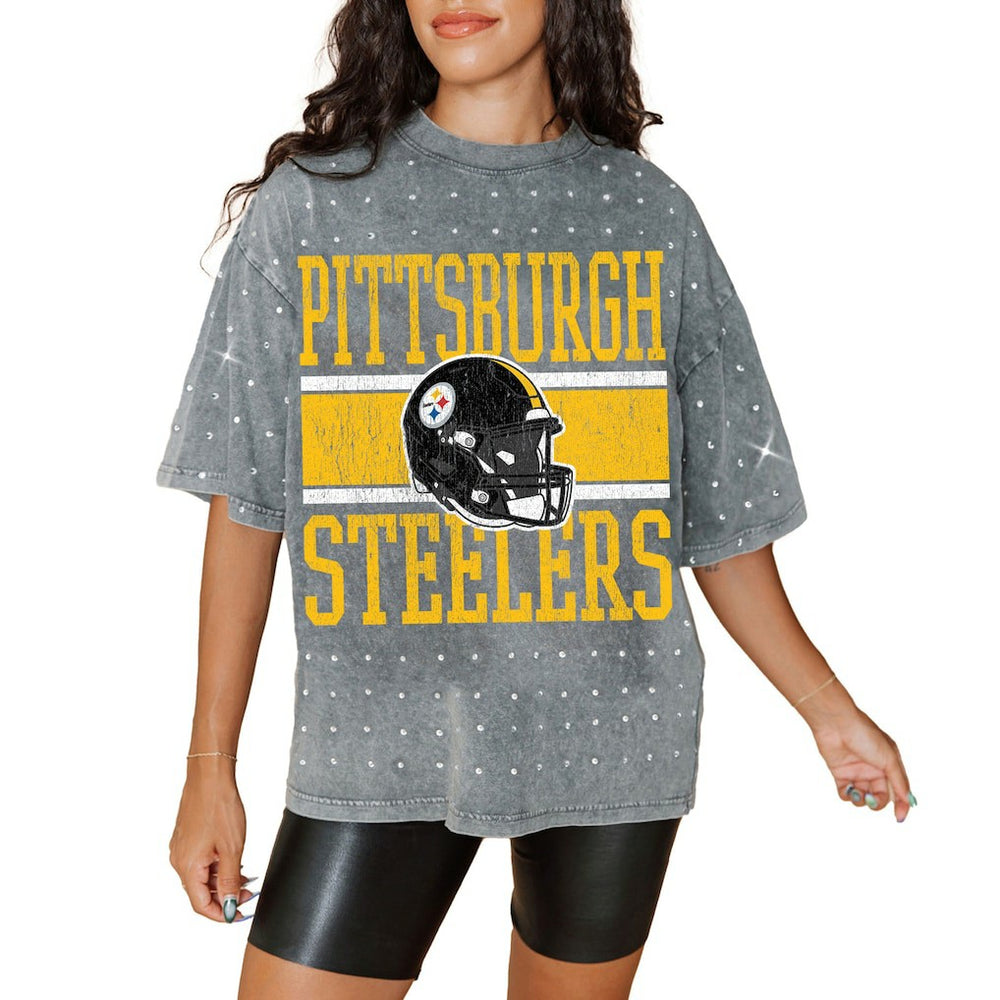 Pittsburgh Steelers Gameday Couture Women's Oversized Mini Rhinestone Classic T-Shirt Gray | NFL