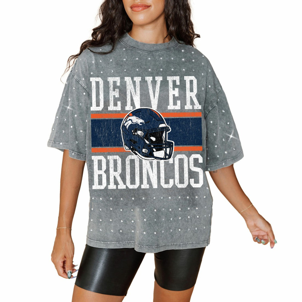 Denver Broncos Gameday Couture Women's Oversized Mini Rhinestone Classic T-Shirt Gray | NFL