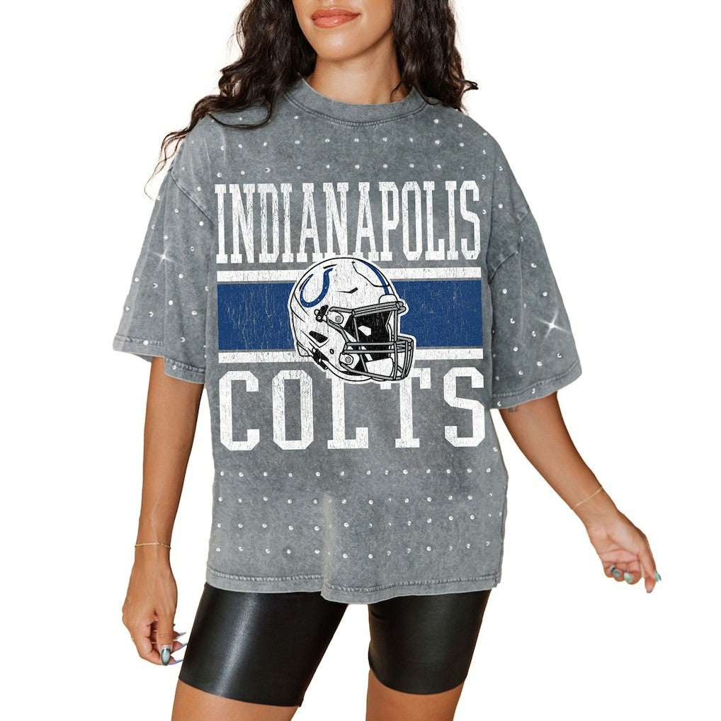 Indianapolis Colts Gameday Couture Women's Oversized Mini Rhinestone Classic T-Shirt Gray | NFL