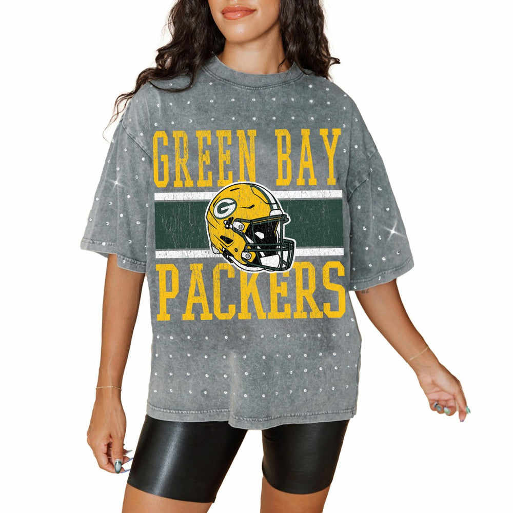Green Bay Packers Gameday Couture Women's Oversized Mini Rhinestone Classic T-Shirt Gray | NFL