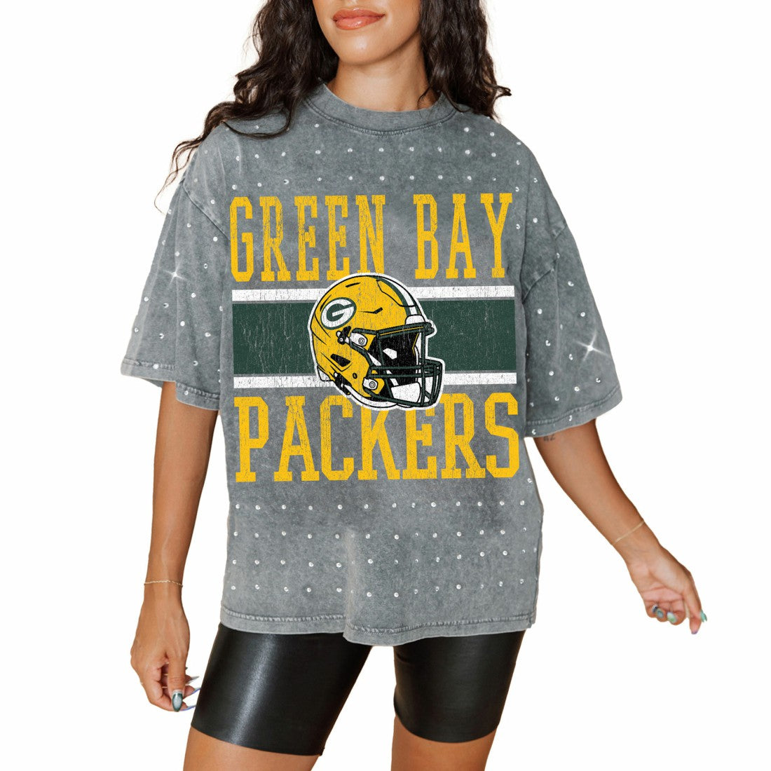 Green Bay Packers Gameday Couture Women's Oversized Mini Rhinestone Classic T-Shirt Gray | NFL