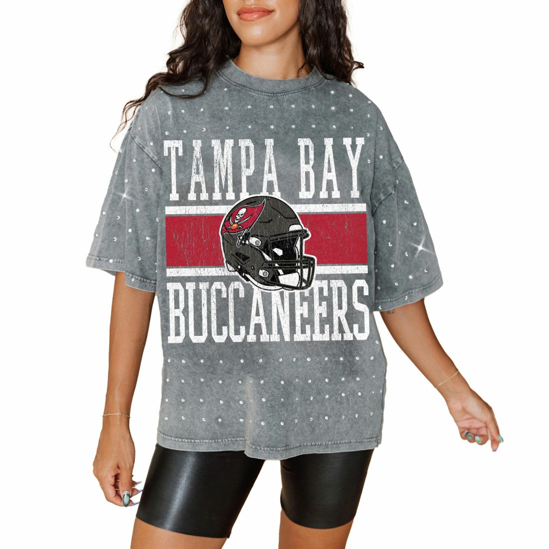 Tampa Bay Buccaneers Gameday Couture Women's Oversized Mini Rhinestone Classic T-Shirt Gray | NFL