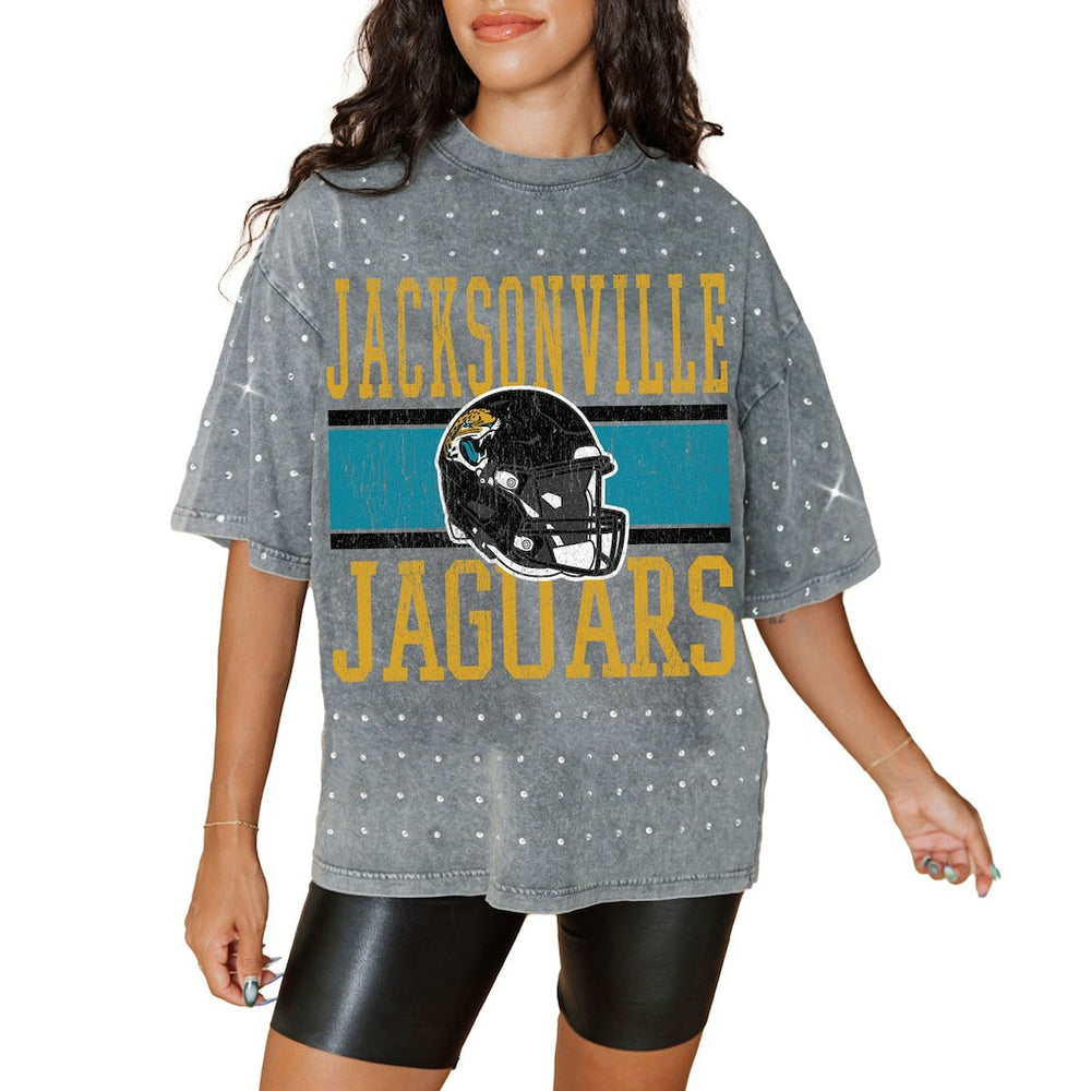 Jacksonville Jaguars Gameday Couture Women's Oversized Mini Rhinestone Classic T-Shirt Gray | NFL