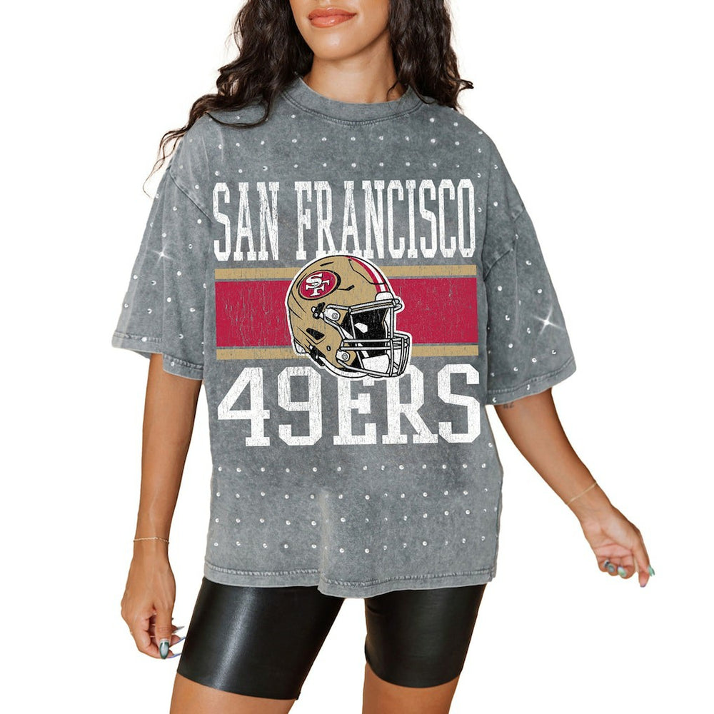 San Francisco 49ers Gameday Couture Women's Oversized Mini Rhinestone Classic T-Shirt Gray | NFL